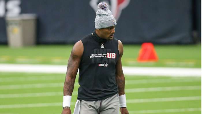Oct 4, 2020; Houston, Texas, USA; Houston Texans quarterback Deshaun Watson (4) walks on the field before a game against the Minnesota Vikings at NRG Stadium. Mandatory Credit: Troy Taormina-USA TODAY Sports